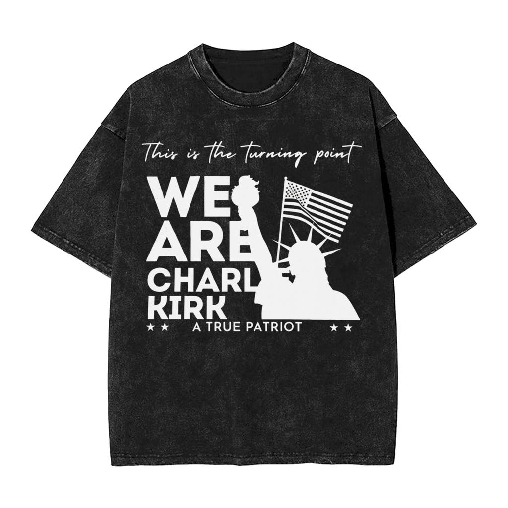 Casual Charlie Kirk Freedom Tshirts For Men Round Collar Cotton Washed T Shirt Short Sleeve Tees Plus Size Clothing