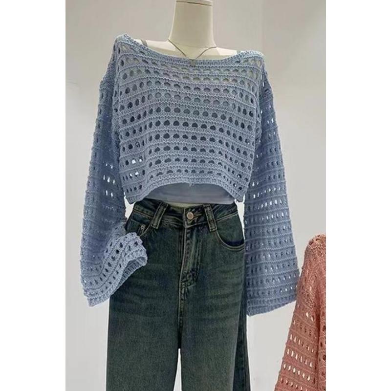 Модная новая женская рубашка с длинным рукавом, с вырезами, прозрачная, с круглым вырезом, вязаная накидка, повседневный короткий свитер, свободный, солнцезащитный, элегантный вязаный кроп-топ