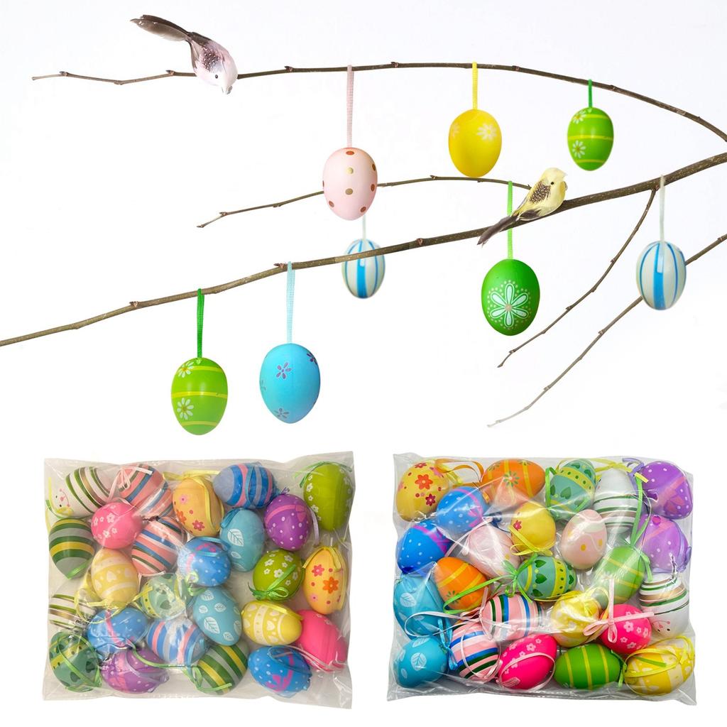 24 шт. Яйца с пасхальным узором, Яйца для вечеринки, Подвесные, Раскрашенные, Имитация, Пластиковые яйца