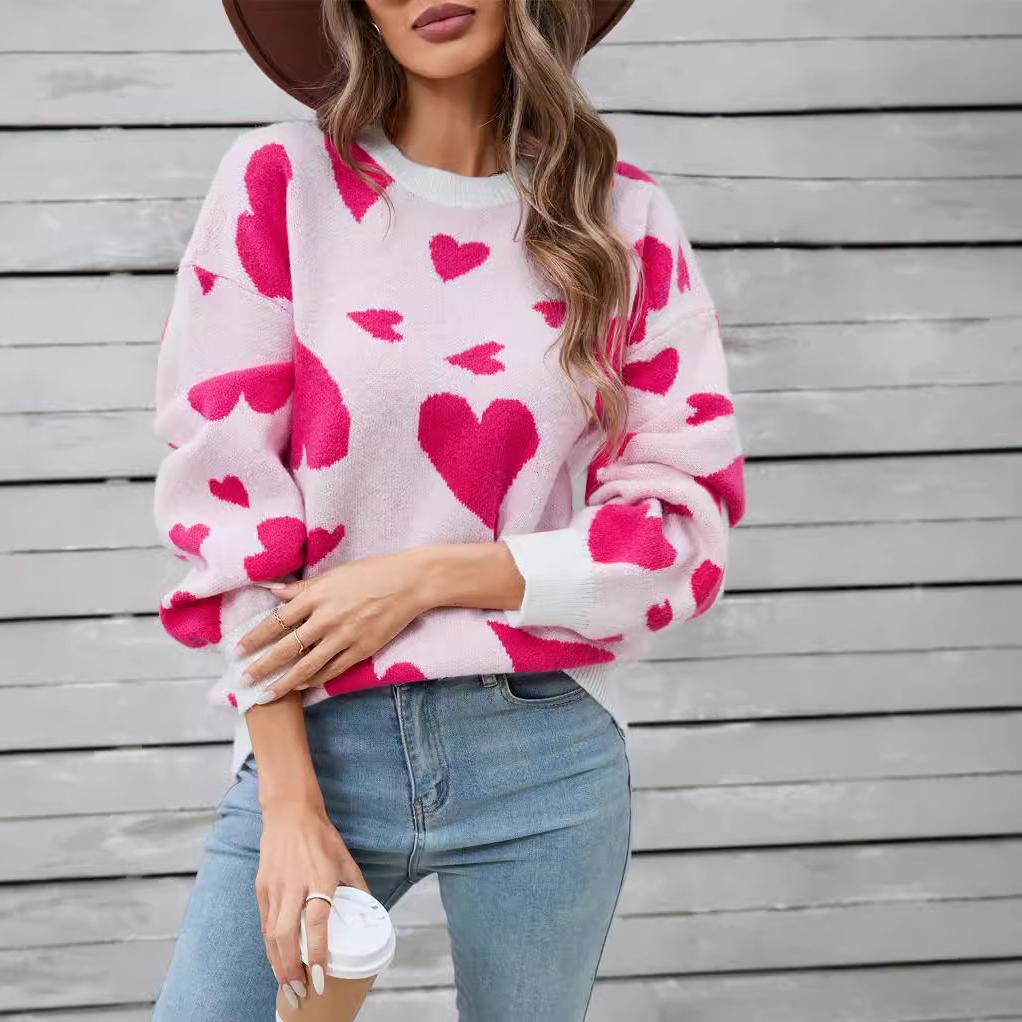 Winter Women's Sweater Love Valentine's Day Pullover Large Peach Heart Color Clash Sweater