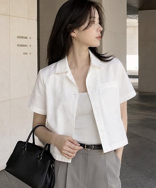 KOLEAT Linen White Slim Short Sleeve Shirt [Crop]