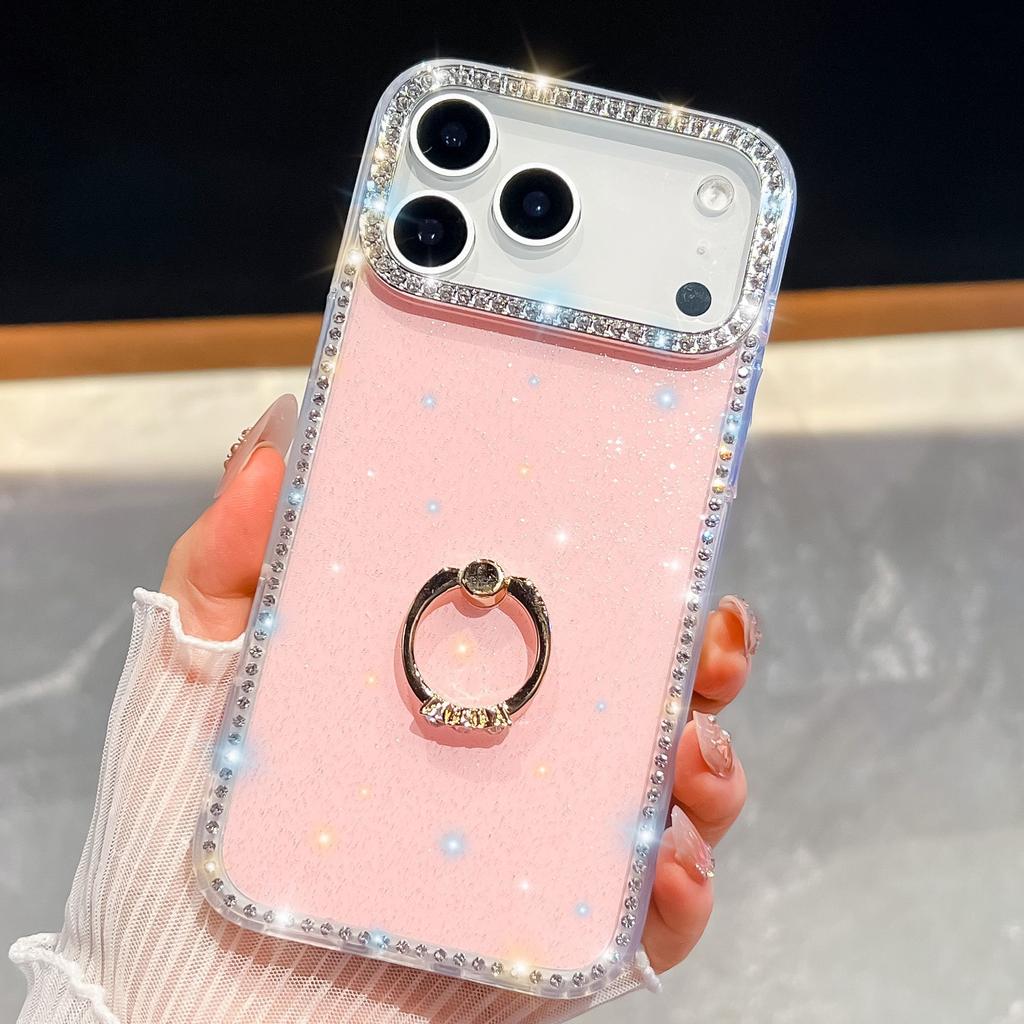 For Apple 17Air Glitter Diamond Phone Case for Apple 16E Ring Stand 15ProMax Glitter Powder Protective Case