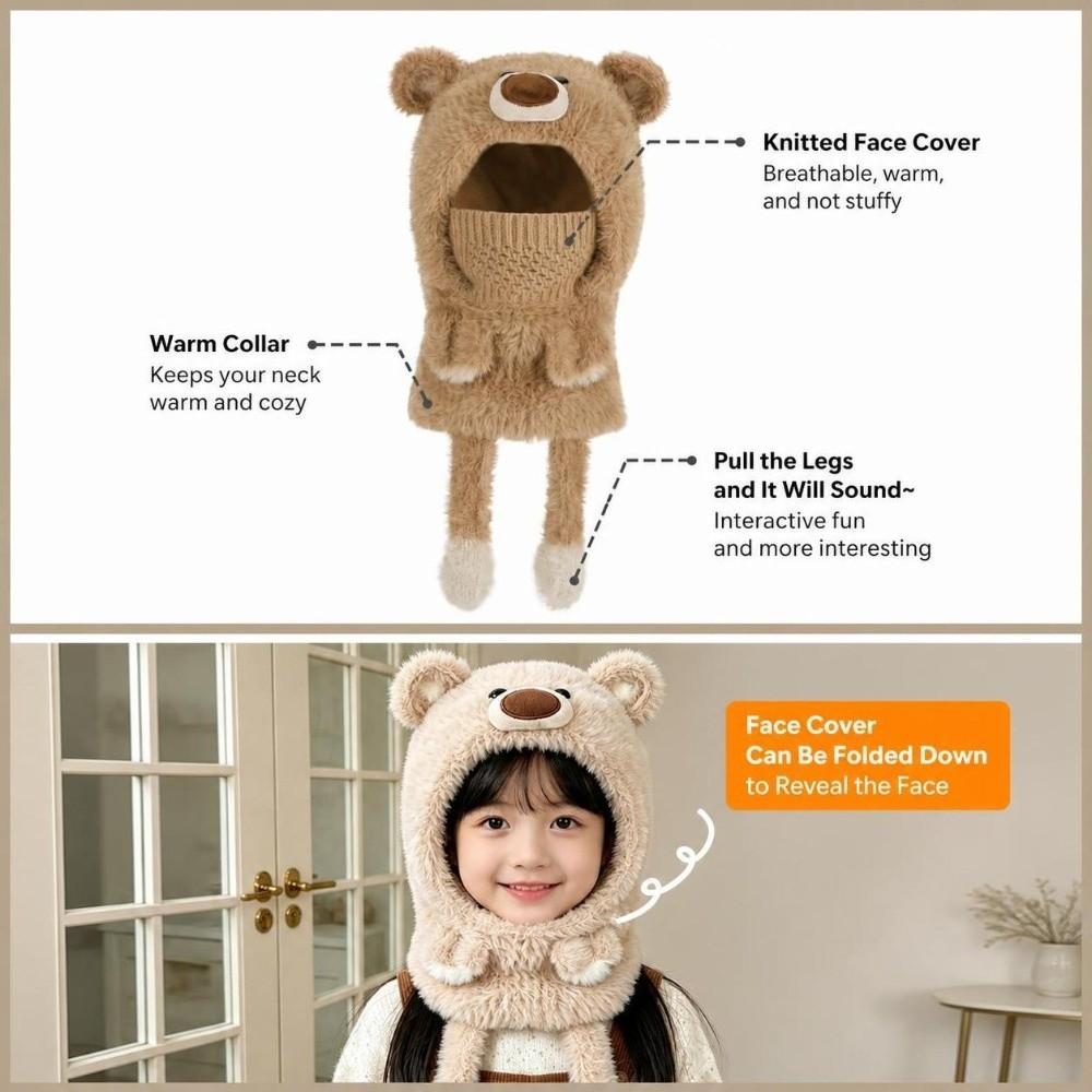 Polyester Winter Balaclava Hat Warm Plush Lining Plush Bear Hat Fun Kids Hooded Scarf Outdoor Play