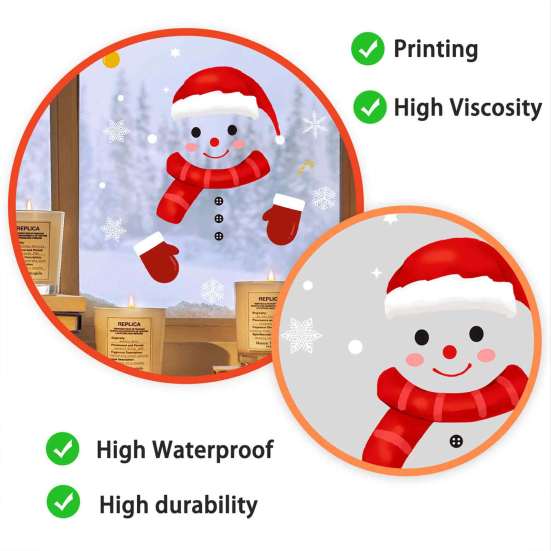 Creative Holiday Gifts Christmas Static Window Clings, Smiling Snowman Decals with Snowflake Transparent Film Patterns, Waterproof PVC Glass