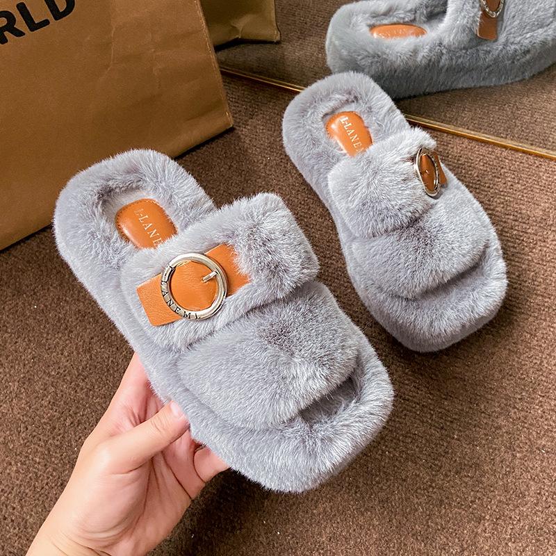 Fashion 2024 New Summer Square Toe Solid Color Belt Buckle Decoration Thick Sole Fashion Fur Slippers Indoor Home Casual Floor Slides