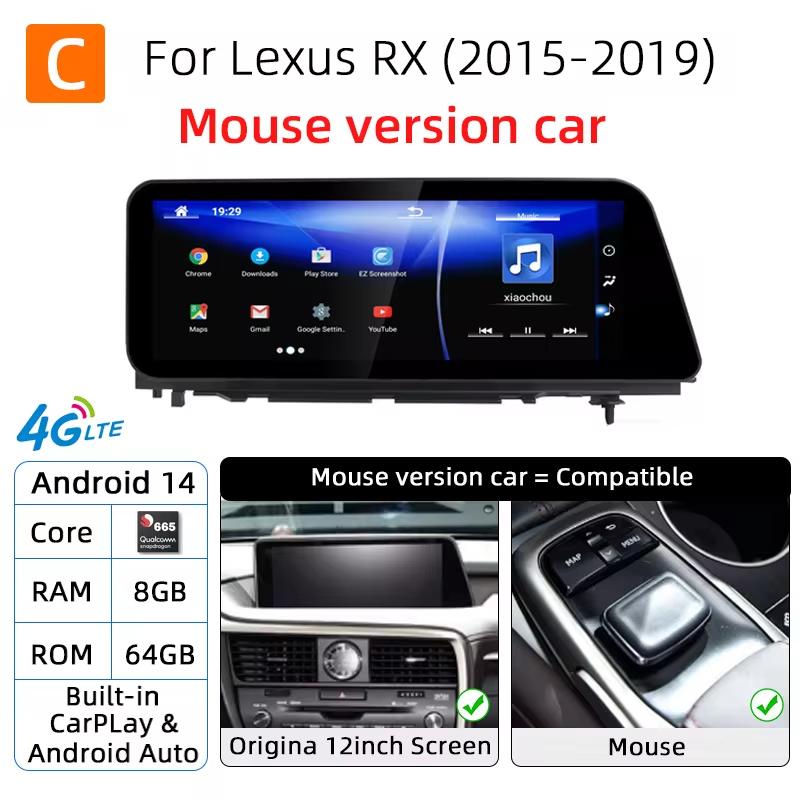Автомагнитола на Android 14 для Lexus RX RX200t Rx300 Rx350 Rx450h RX400h 2015-2019 Snapdragon 665 GPS Мультимедийный плеер CarPlay Экран XN0