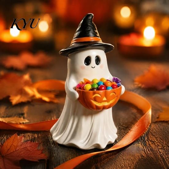 Halloween Party Table Centerpieces Resin Ghost Statue with Pumpkin Candy Bowl for Decor, Reusable Seasonal Tabletop Accents Cute Desktop Organizer