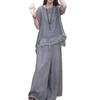 2 Pcs/Set Women Top Pants Set Round Neck Half Sleeves Irregular Hem Blouse Wide Leg Elastic Waist Wide Leg Trousers Daily Leisure Dating Outfit