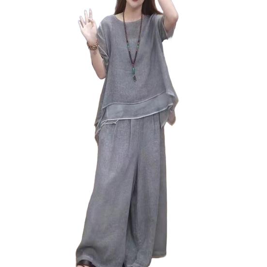 2 Pcs/Set Women Top Pants Set Round Neck Half Sleeves Irregular Hem Blouse Wide Leg Elastic Waist Wide Leg Trousers Daily Leisure Dating Outfit