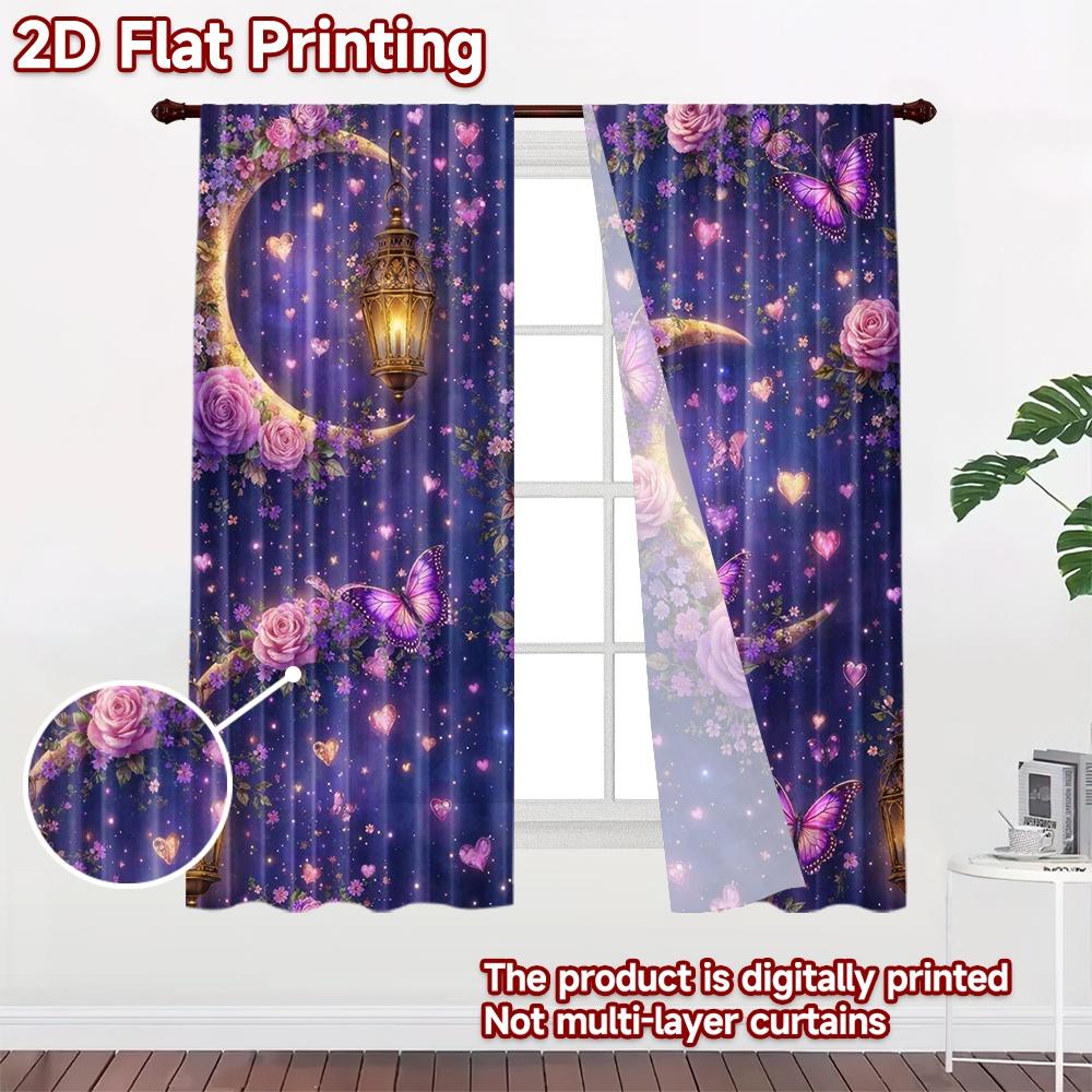 2D flat printing 2pcs Curtain Curtains Romantic Moon and Butterflies Digital Printed Polyester Drapes Holiday Decorations