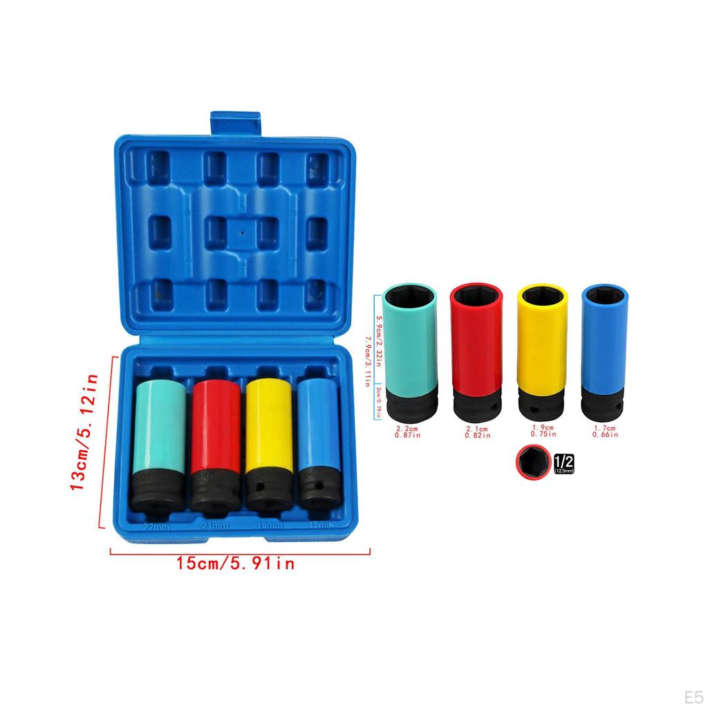 4 Pieces 1/2" Drive Impact Lug Nut Socket Kit 17mm 19mm 21mm 22mm with Colored Protective Covers