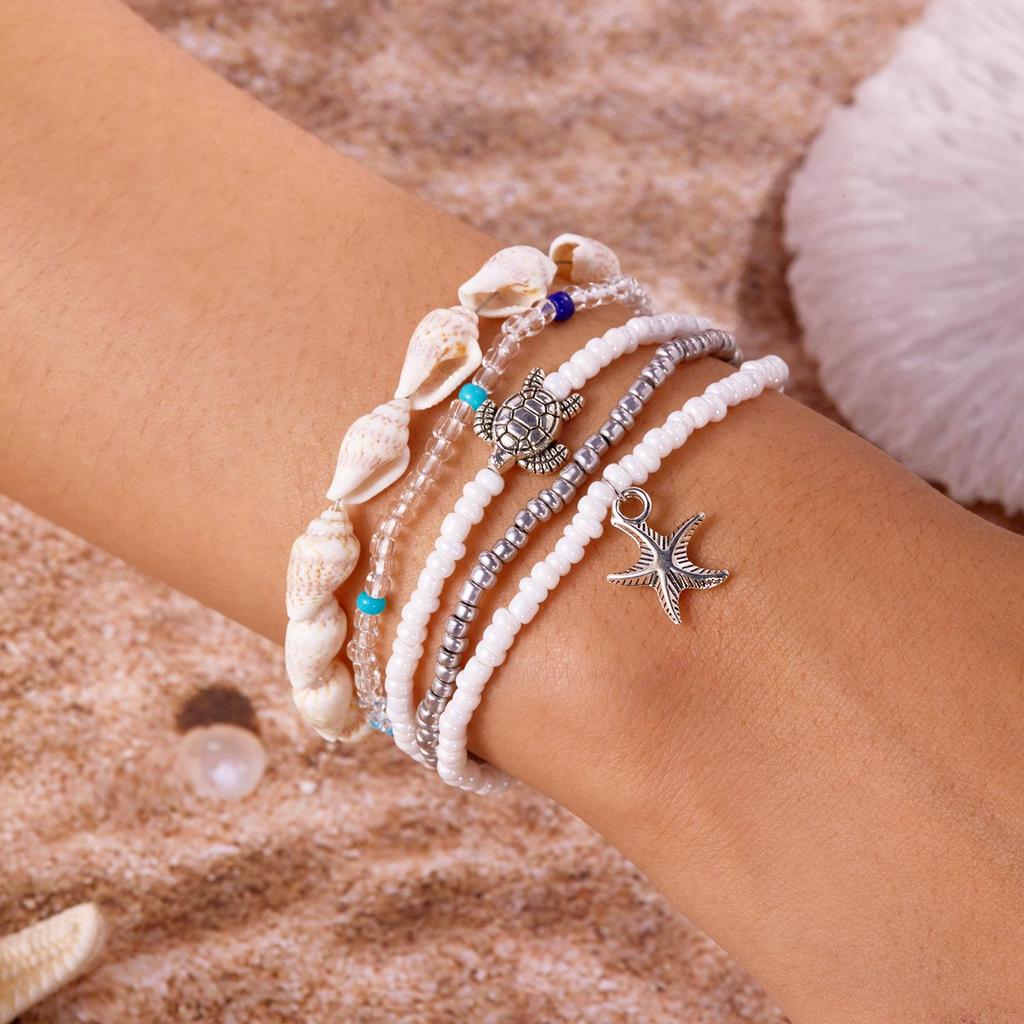 Bohemian Starfish Shell Bracelet Set: Soft Ceramic and Rice Bead Design for Women