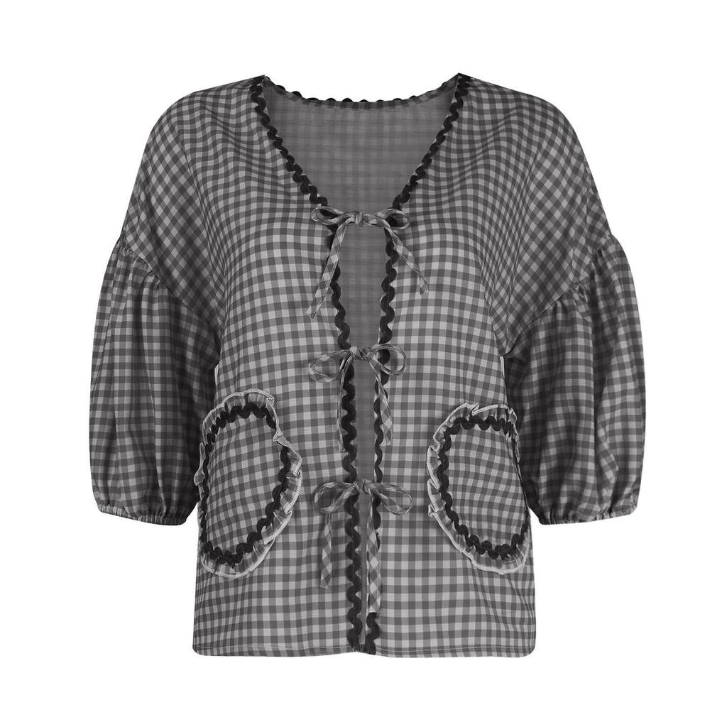 Женская повседневная клетчатая рубашка с коротким рукавом, свободные топы с ремешком и карманом в форме сердца