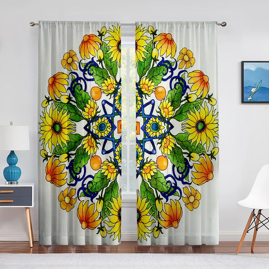 Мандала желтые цветы яркий геометрический узор прозрачные вуалевые шторы для гостиной спальни окна прозрачные тюль шторы