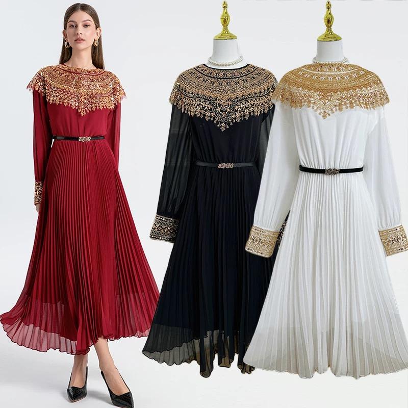 Temperament Robe Femme Maxi Dresses for Women Long Sleeve O-neck Sequin Slim Waist Vintage Pleated Dress 2025 Vestidos De Mujer