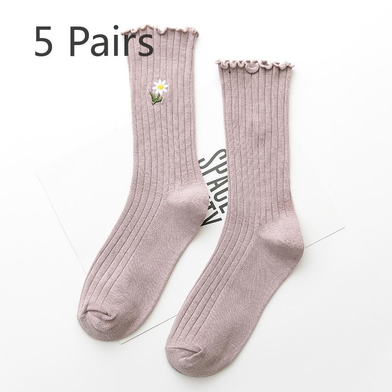 5 пар женских носков весна-лето, новые однотонные, с вышитыми деревянными ушками, с закрученным краем, в трубчатом ворсе