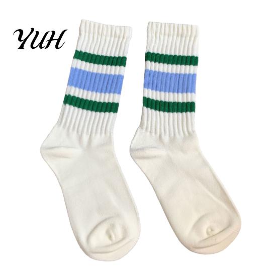 Cushioned Footbed Sports Socks Unisex Mid-calf Socks, Cotton Contrast Striped Crew Moisture Street Style Fashion Wicking Athletic for Autumn