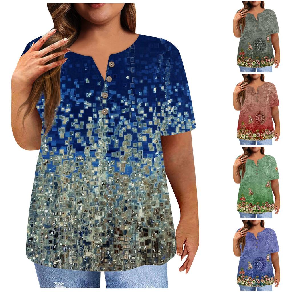 Women's Short Sleeve Shirt Button Plus Size T-Shirt Flower Printed Casual Tops