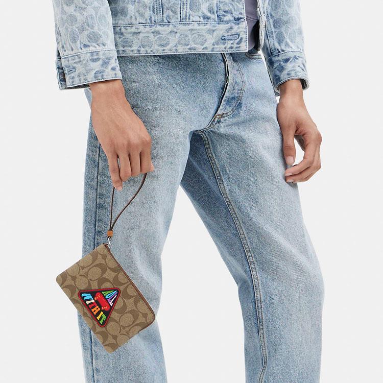 Новый холщовый кошелек COACH Corner Zip с кожаной отделкой, сумка-клатч на запястье, маленький размер, женский, коричневый CK359-SVOT8