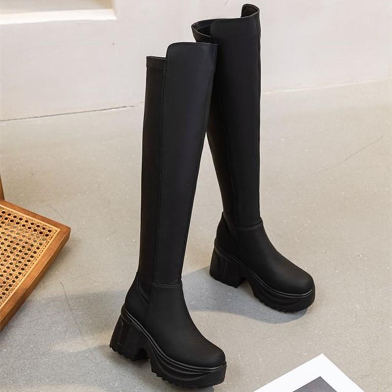Женские сапоги для езды, женские сапоги выше колена, каблук высотой 10 см, эластичные узкие сапоги на платформе для женщин
