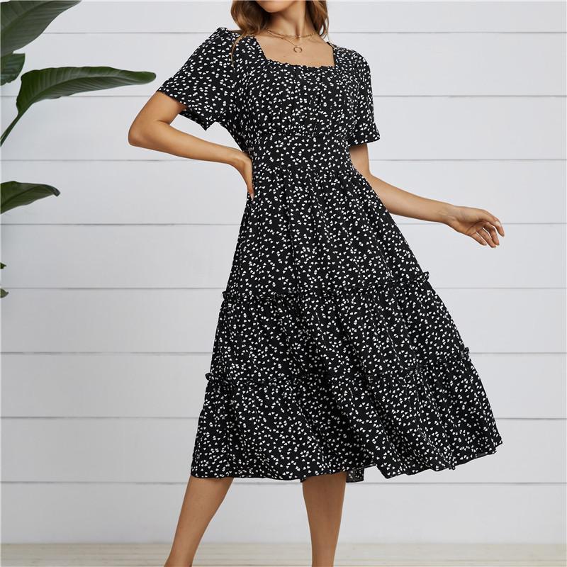 Summer Love Pattern Dot Print Dress Women Casual A-Line Short Sleeve Square Collar Ruffles Medium Long Chiffon Red Black Blue Green