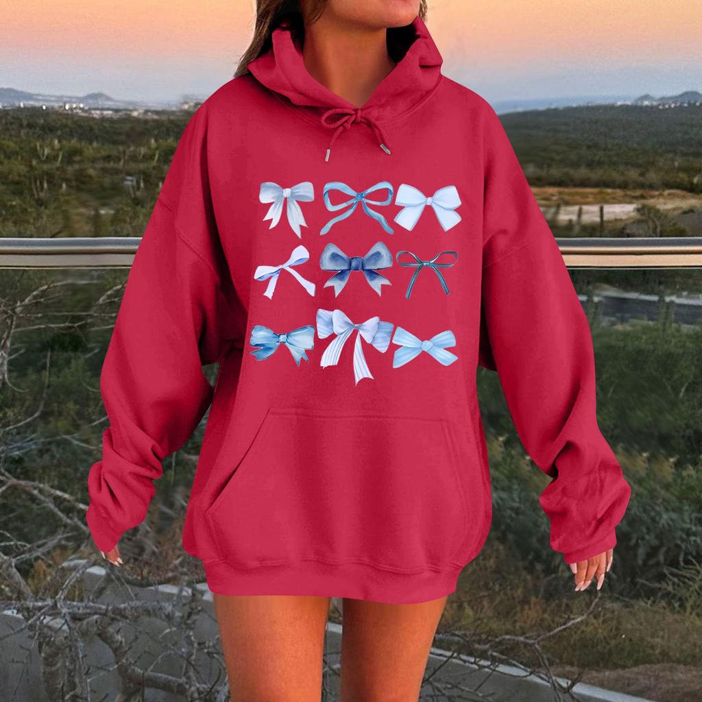 Женская весенняя флисовая толстовка с капюшоном и принтом в виде банта, с длинными рукавами