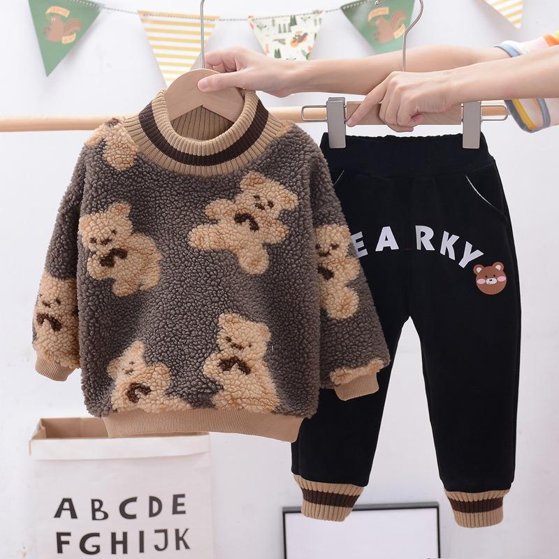 Зимний новый детский круглый вырез с принтом в виде медведя в стиле вестерн плюс толстый бархатный свитер из двух частей