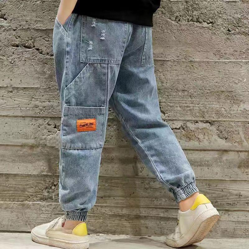 Spring and Autumn Boys' Denim Trousers, Big Children's Leggings, Plus Velvet Children's Casual Pants