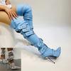 Fashion New Women Denim Metal Rivet Buckle Sandals Women Sexy Punk Style Pointed Hollow Metal 11cm High Heel Knee High Boots Size34-43