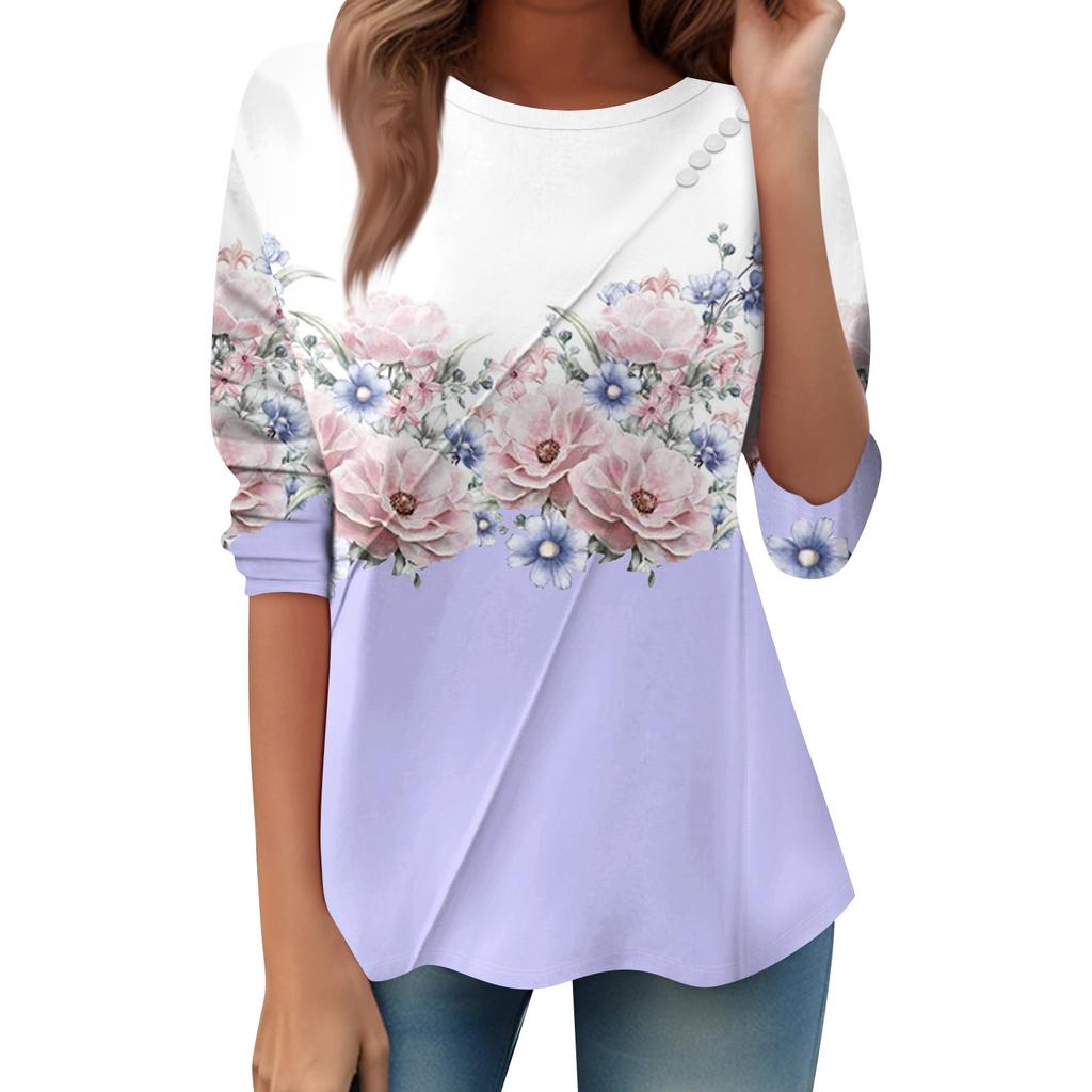 Women's Loose Casual Long Sleeve Top Round Neck Button Pull Stripe Prints T Shirt