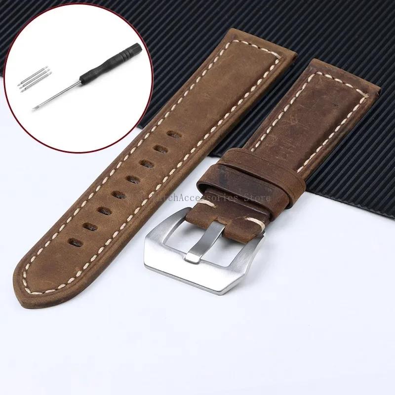 Watch Band Cowhide Crazy Horse Sport Bracelets Men Women Business Watch Band Soft Wristband Genuine Leather Strap for Panerai 20/22/24/26mm