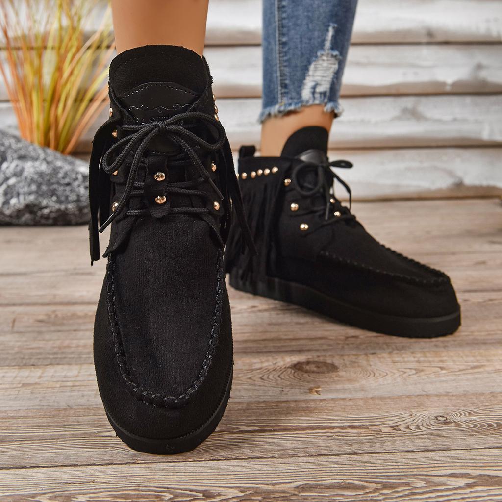 Vintage Women Ankle Boots Retro Outdoor Casual Shoes Fringe Winter Comfortable Luxury Women Shoes Round Toe Snow Boots Ladies