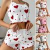 2 Pcs/Set Women Summer Pajamas Suit Adjustable Strap Sleeveless Heart Print Crop Top Shirring Edge High Waist Shorts Bedroom Sleepwear Set