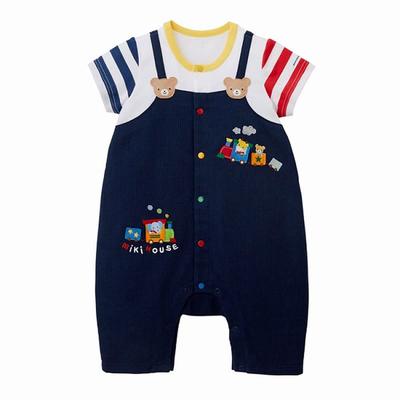 Короткий комбинезон Короткий Изготовлен в цвете Baby Navy [Miki House] Комбинезон, Рукав, 3/4 Длины, В полоску, Медведь, Япония, Мальчики, Малыш, Дети, Одежда, Младенец, Детская одежда,