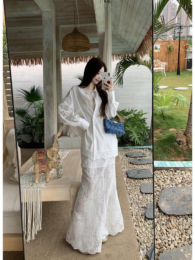 Korean Lace Long-Sleeved Shirt with Suspenders & White Fishtail Maxi Skirt - Women's Three-Piece Set for Spring/Summer 2025