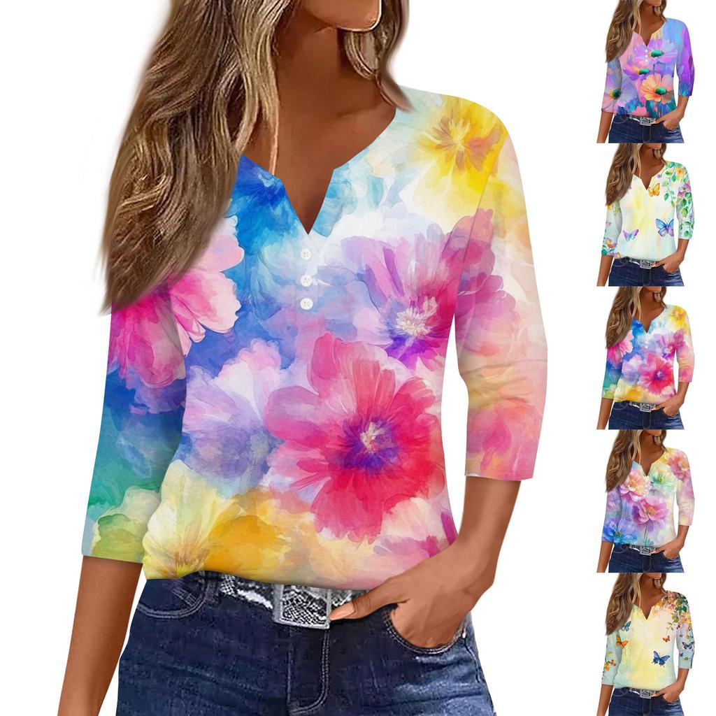 Women's T Shirt Tee Print Button 3/4 Sleeve Daily Weekend Fashion Basic V Neck Regular Top