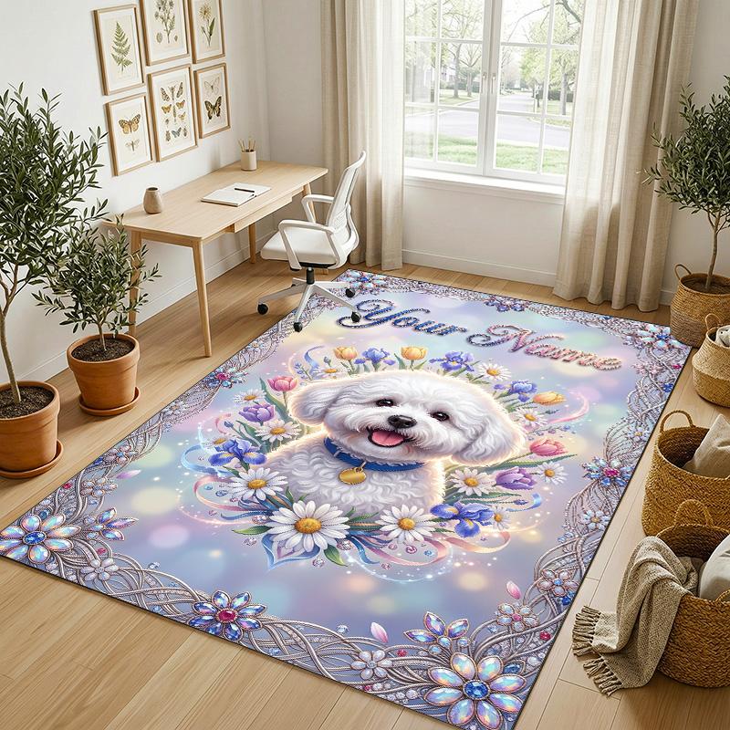 Dog Theme Crystal Velvet Rug Personalized Custom Name Text Soft Floor Mat Home Decor