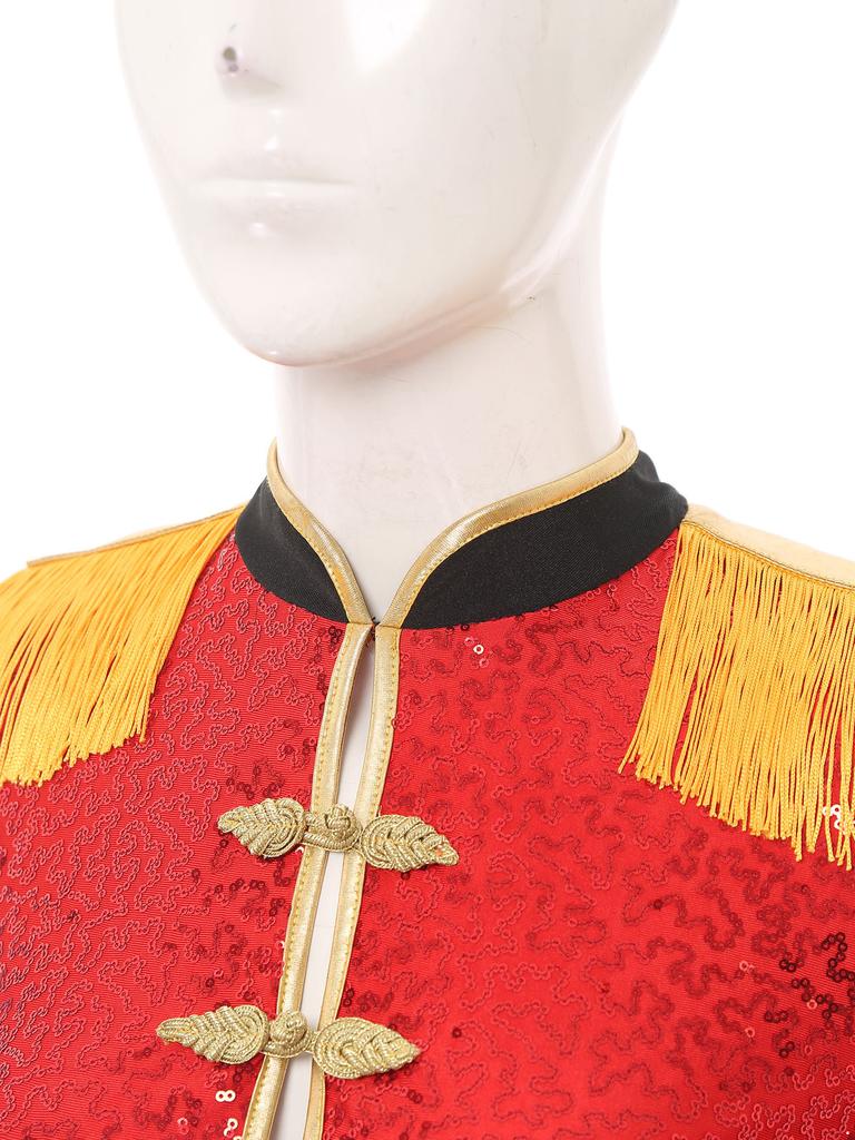 Women Circus Magician Cosplay Bodysuit Long Sleeve Sequins Fringe Epaulet Ringmaster Drummer Halloween Costume