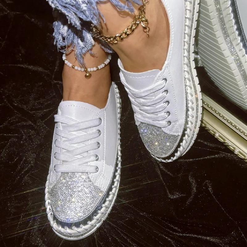 Женские блестящие туфли со стразами, повседневные кроссовки Four Seasons, женская стильная спортивная обувь, кроссовки на шнуровке