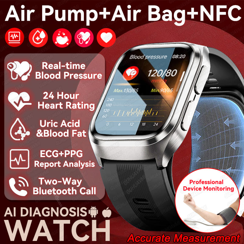 New AI Diagosis ECG Health Smart Watch Men Blood Pressure Lipid Uric Acid NFC Air Pump Airbag Health Smartwatches Women for IOS Android