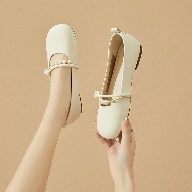Бежевые туфли Мэри Джейн на плоской подошве, женские туфли, весна и осень, маленькие кожаные туфли, летние новые туфли с неглубоким вырезом и мягкой подошвой