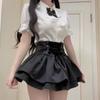 High-Waisted Retro Black Balloon Skirt with Double-Layer Elegant Shirt