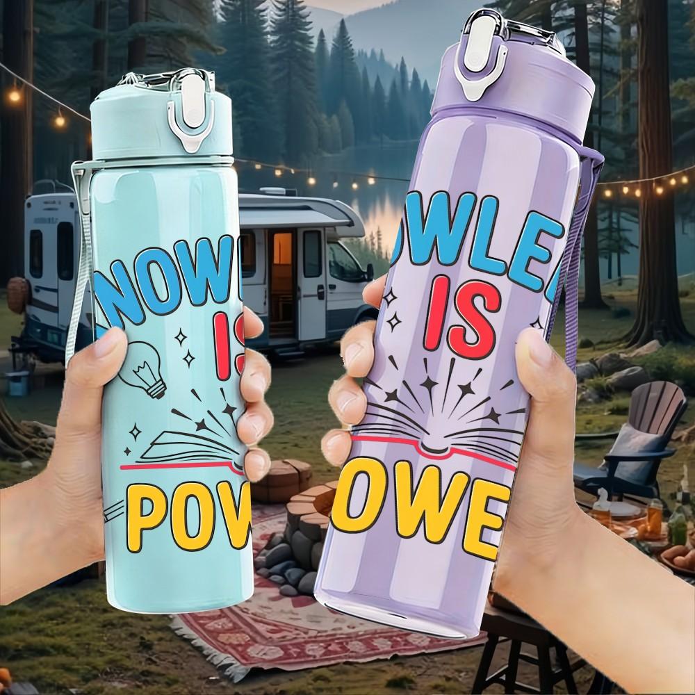1PC Knowledge Is Power Vintage Badge Art 750ml Color Plastic Sports Water Bottle Leakproof Flip Straw Lid Suitable for Sports Office Home Use