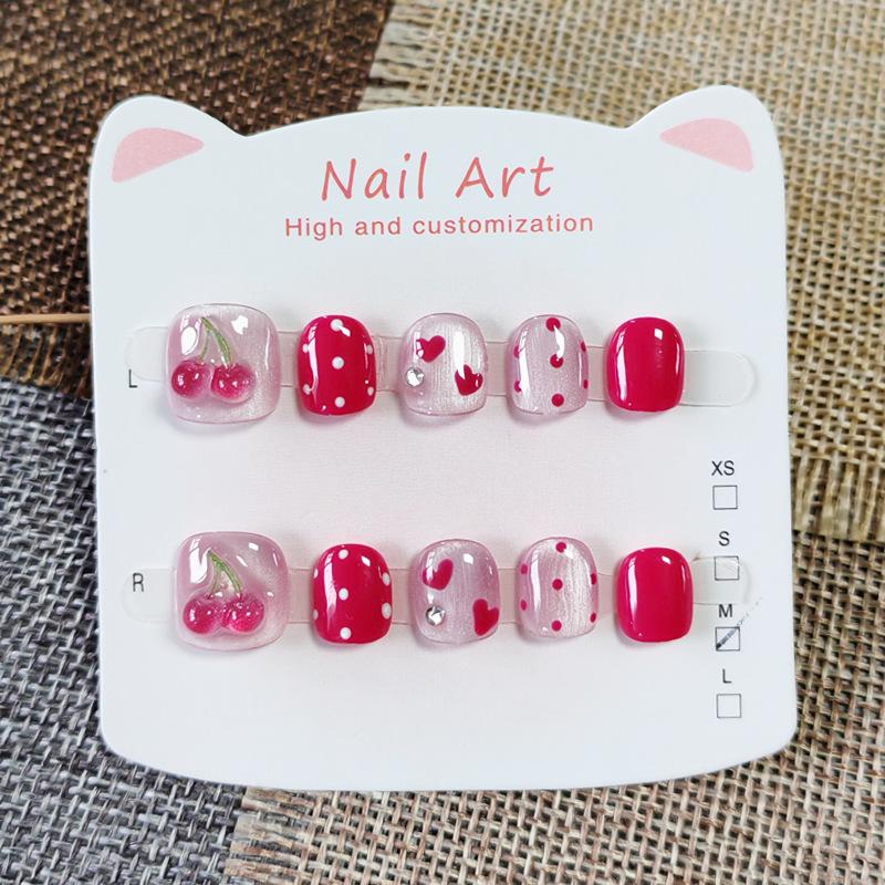 Вишневый дизайн ногтей «Кошачий глаз» в форме сердца для детей (Возраст 5-10 лет) - Ручная работа, Носимый, Милый, Простой стиль
