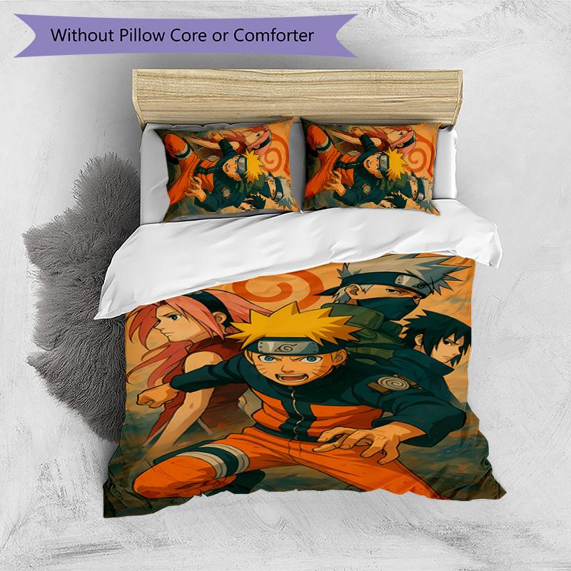 Naruto Pattern Printed 3PCS Bedding Set, Soft Skin-Friendly Washable Duvet Cover & Pillowcases Set