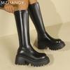 Женские кожаные сапоги на платформе, высокие сапоги на среднем каблуке, высокие сапоги до колена, женская мода 2025 года, зимние модные туфли-лодочки для мотоцикла, Mujer