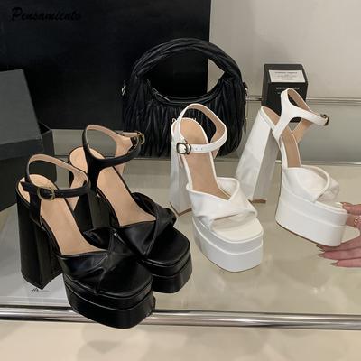 Модный стиль звезды Модные женские сандалии-гладиаторы на танкетке с двойной платформой Летние сандалии на ультравысоком каблуке 15 см Массивные туфли для вечеринки