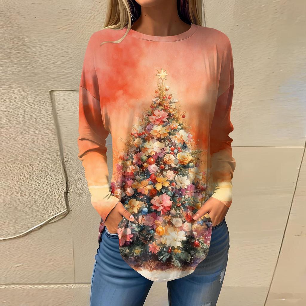Tee Shirts For Women Casual Round Neck Long Sleeve Shirts Christmas Printing Top Pullover