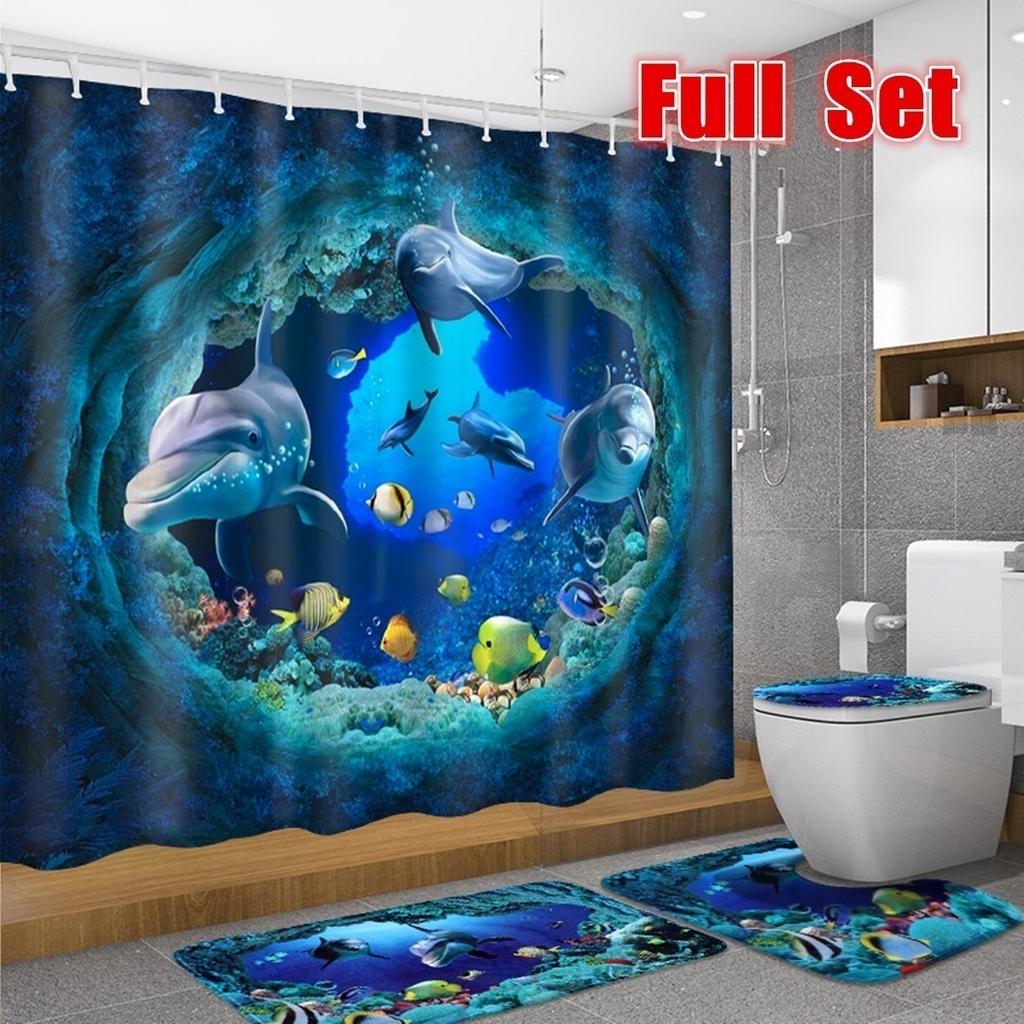 New Fashion 4Pcs/Set Shower Curtain Bathroom Waterproof Floor Rug Lid Toilet Cover Bath Mat Set