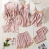 Women's Silk Five-Piece Pajama Set: Spring/Autumn Nightdress & Robe with Chest Pad